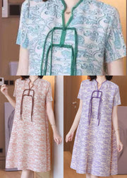 Art Green Print Stand Collar 2024 Silk Holiday Dress Short Sleeve