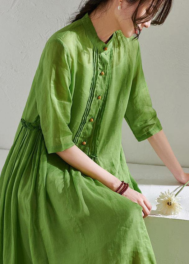 Art Green Ruffled Button Summer Ramie Party Dresses Half Sleeve - SooLinen