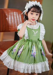 Art Green Ruffled Patchwork Bow Cotton Baby Girls Maxi Dresses Summer