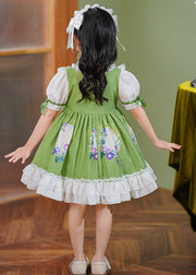 Art Green Ruffled Patchwork Bow Cotton Baby Girls Maxi Dresses Summer