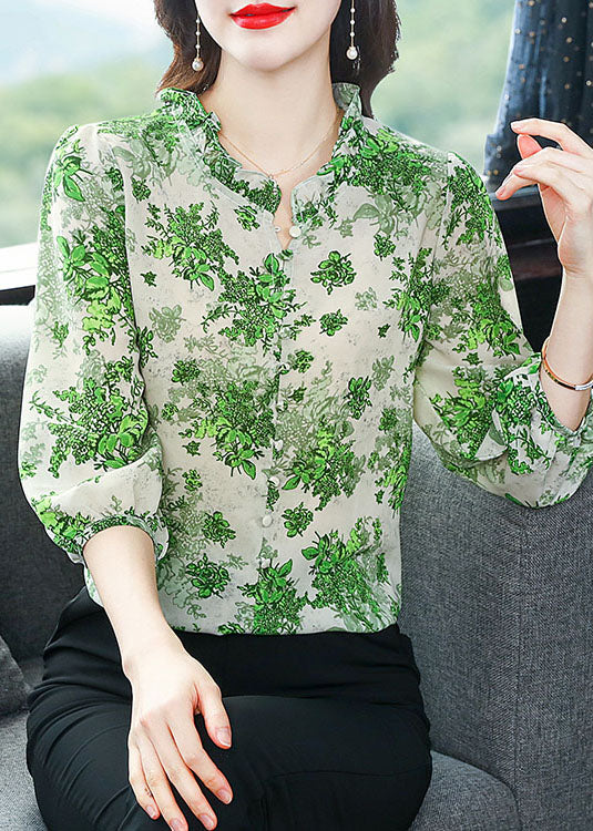 Art Green Ruffled Patchwork Print Chiffon Shirt Top Summer