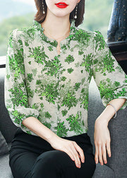 Art Green Ruffled Patchwork Print Chiffon Shirt Top Summer