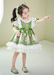 Art Green Ruffled Patchwork Print Cotton Baby Girls Dresses Summer