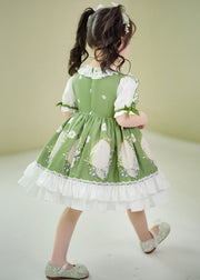Art Green Ruffled Patchwork Print Cotton Baby Girls Dresses Summer