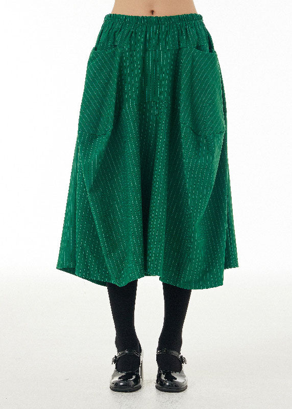 Art Green Striped Pockets Wrinkled Patchwork Cotton Wide Leg Pants Spring