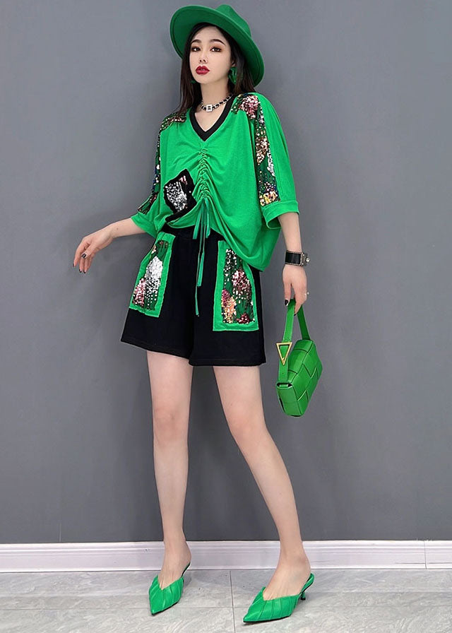 Art Green V Neck Drawstring Patchwork Print Cotton Tanks And Shorts Two Piece Set Summer
