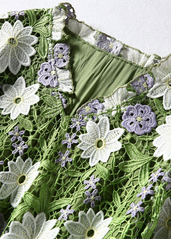 Art Green V Neck Floral Embroidered Lace Dress Half Sleeve