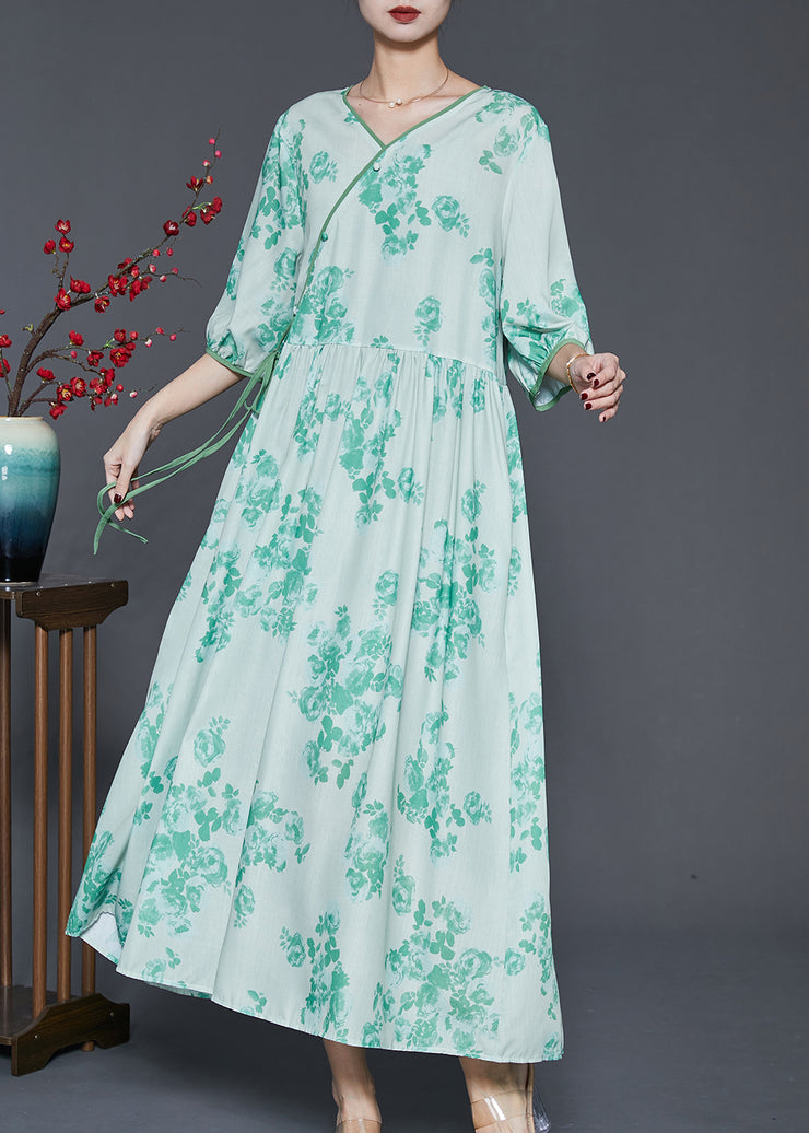 Art Green V Neck Print Linen Dress Spring