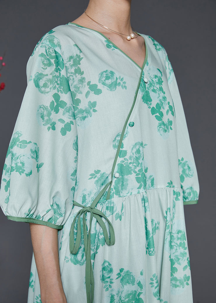 Art Green V Neck Print Linen Dress Spring