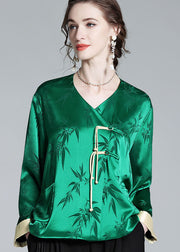 Art Green V Neck Tasseled Jacquard Patchwork Silk Tops Spring