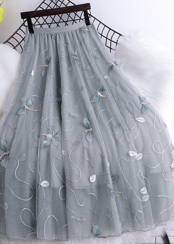 Art Grey Dragonfly Embroidered High Waist Tulle Skirts Summer