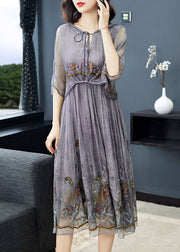 Art Grey Hooded Embroidered Patchwork Silk Fake Two Piece Dress Half Sleeve