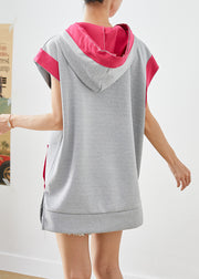 Art Grey Hooded Patchwork Pockets Cotton Pullover Streetwear Summer