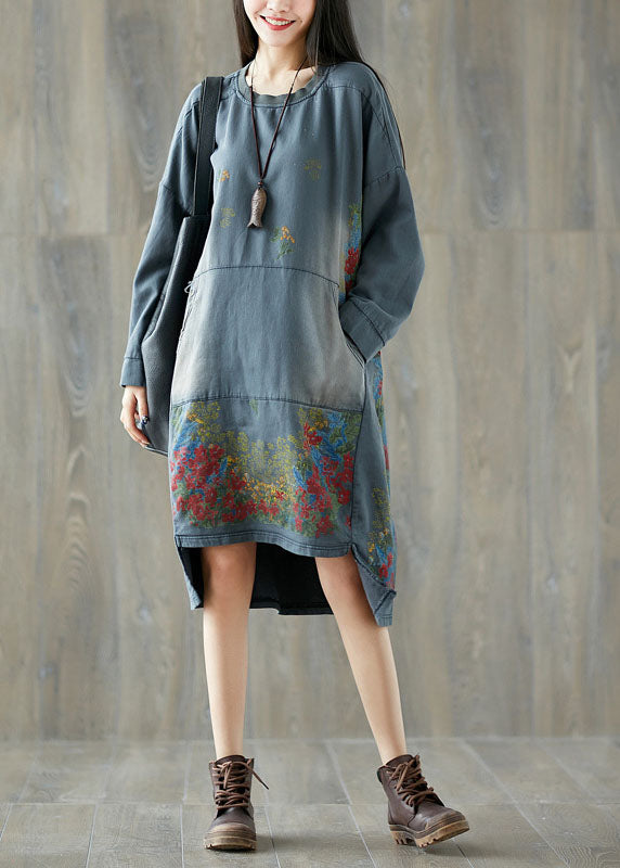 Art Grey O-Neck Asymmetrical Pullover Streetwear dresses Spring