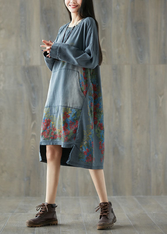 Art Grey O-Neck Asymmetrical Pullover Streetwear dresses Spring