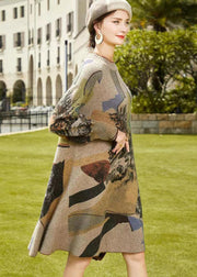 Art Grey O Neck Print Patchwork Woolen Mid Dress Fall