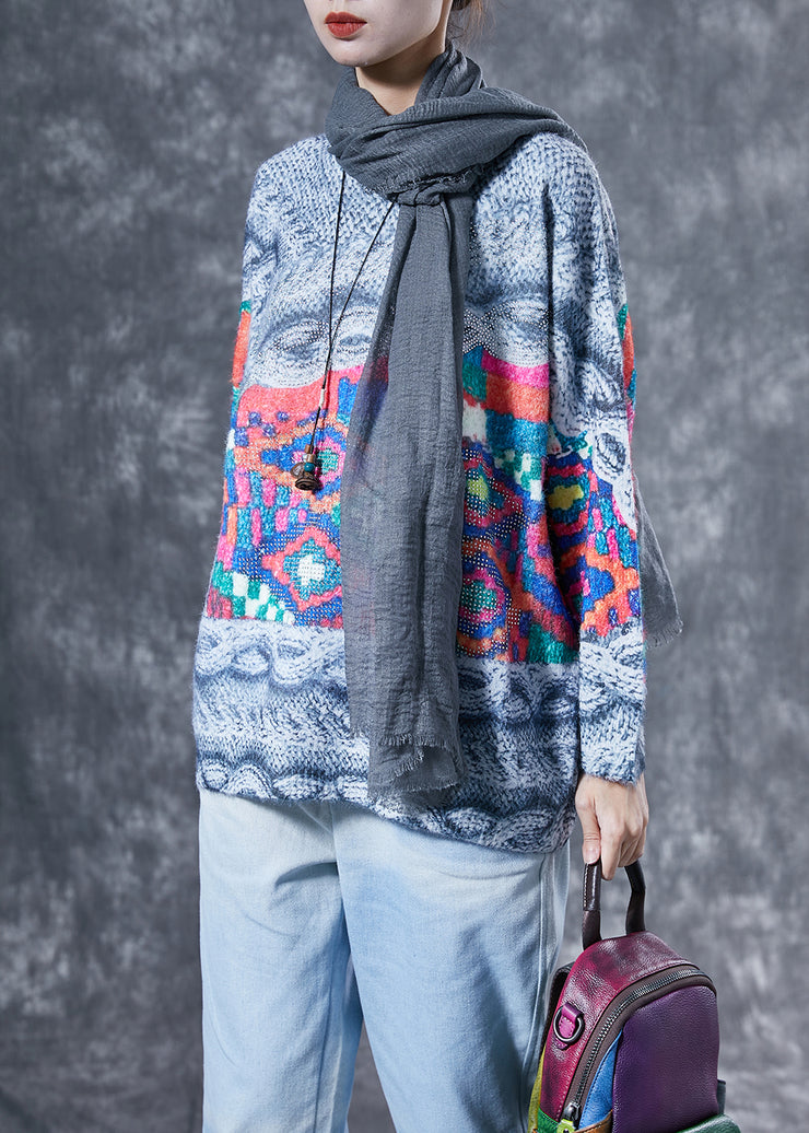Art Grey Oversized Print Knit Pullover Spring