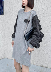 Art Grey Ruffles Patchwork Button Fall Dress Long Sleeve - SooLinen