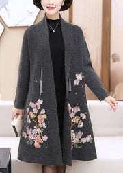 Art Grey V Neck Embroidered Woolen Trench Coats Long Sleeve