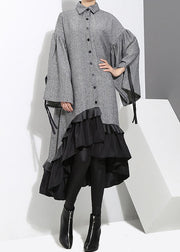 Art Grey Low High Design Gerüschtes Patchwork-Hemdkleid Frühling