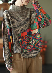 Art High Neck Tie Dye Print Mink Hair Knitted Sweater Tops Winter