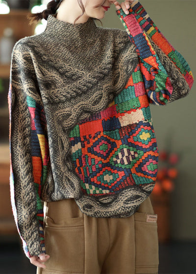 art high neck tie dye print mink hair knitted sweater tops winter ...