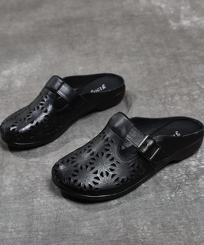 Art Hollow Out Beige Genuine Leather Slide Sandals - SooLinen
