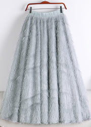 Art Khaki Elastic Waist Tassel Fuzzy Fur Velour Skirt Winter