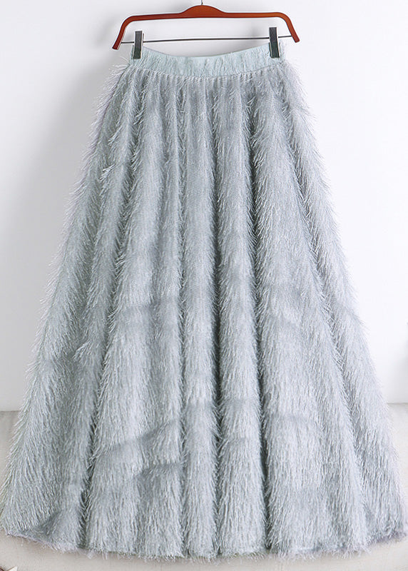 Art Khaki Elastic Waist Tassel Fuzzy Fur Velour Skirt Winter