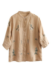 Art Khaki Embroidered Floral Button Ramie Shirt Half Sleeve