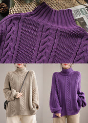 Art Khaki High Neck Oversized Cable Knit Sweaters Winter