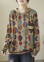 Art Khaki Hooded Print Knit Sweatshirt Streetwear Winter