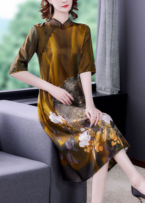 Art Khaki Mandarin Collar Print Silk Dresses Half Sleeve