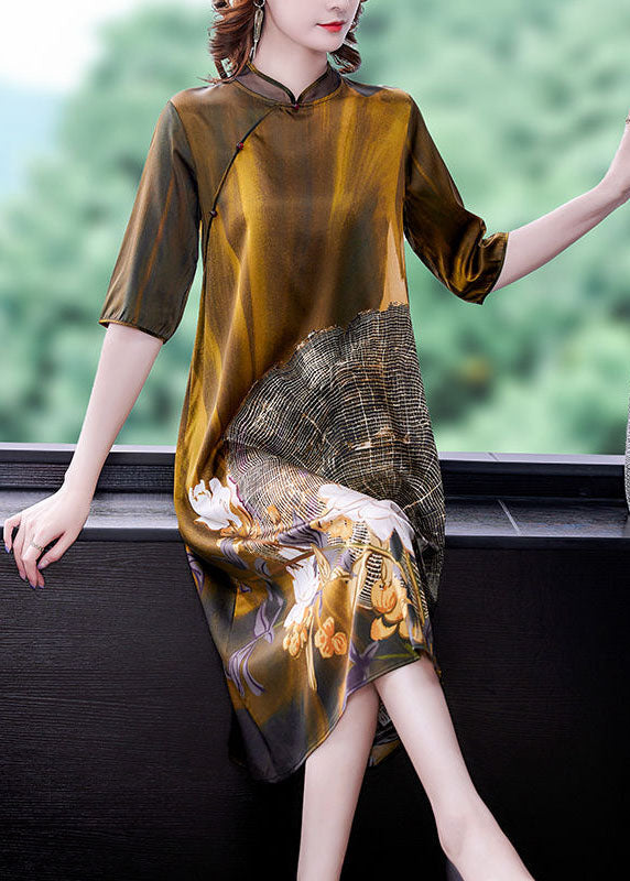 Art Khaki Mandarin Collar Print Silk Dresses Half Sleeve