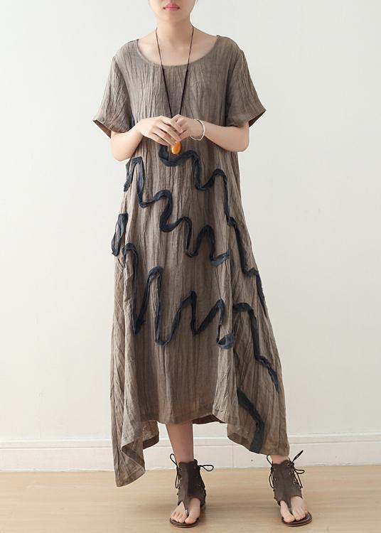 Art Khaki O-Neck Linen Summer Maxi Dresses - SooLinen