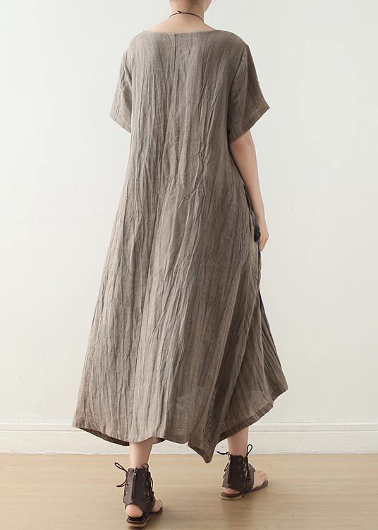 Art Khaki O-Neck Linen Summer Maxi Dresses - SooLinen