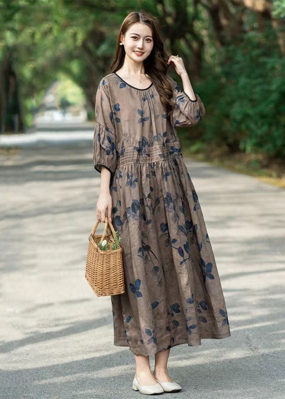 Art Khaki O Neck Wrinkled Print Patchwork Long Linen Dress Summer