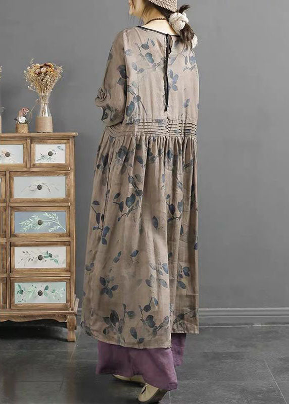 Art Khaki O Neck Wrinkled Print Patchwork Long Linen Dress Summer