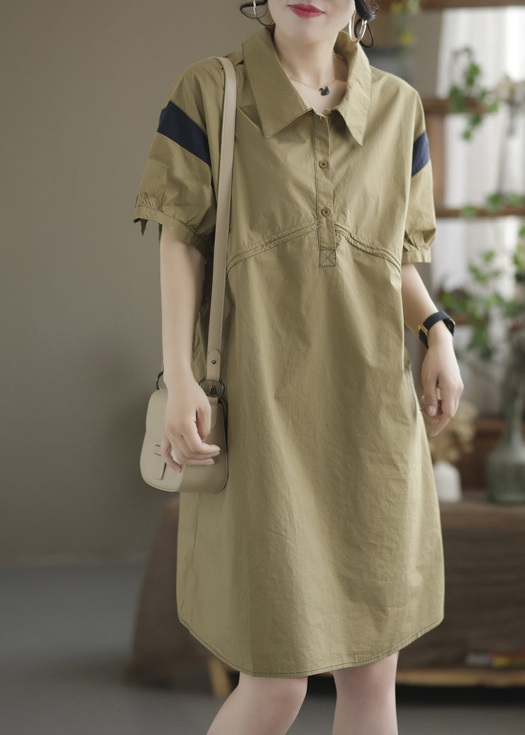 Art Khaki Patchwork Button Cotton Mid Dress Summer