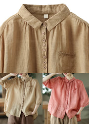Art Khaki Peter Pan Collar Button Linen Shirt Summer