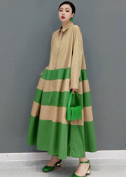 Art Khaki Peter Pan Collar Patchwork Striped Cotton Loose Shirt Dresses Long Sleeve