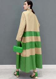 Art Khaki Peter Pan Collar Patchwork Striped Cotton Loose Shirt Dresses Long Sleeve