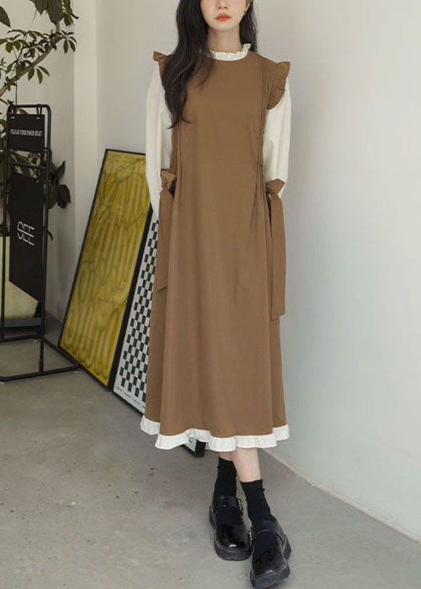 Art Khaki Ruffled Patchwork Cotton Fake Two Piece Dress Spring