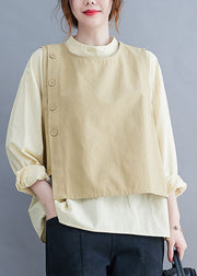 Art Khaki Stand Collar Asymmetrical Button Cotton Vest Two Piece Set Outfits Spring