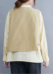 Art Khaki Stand Collar Asymmetrical Button Cotton Vest Two Piece Set Outfits Spring