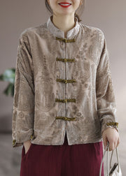Art Khaki Jacquard-Velourshemd mit Stehkragen und langen Ärmeln