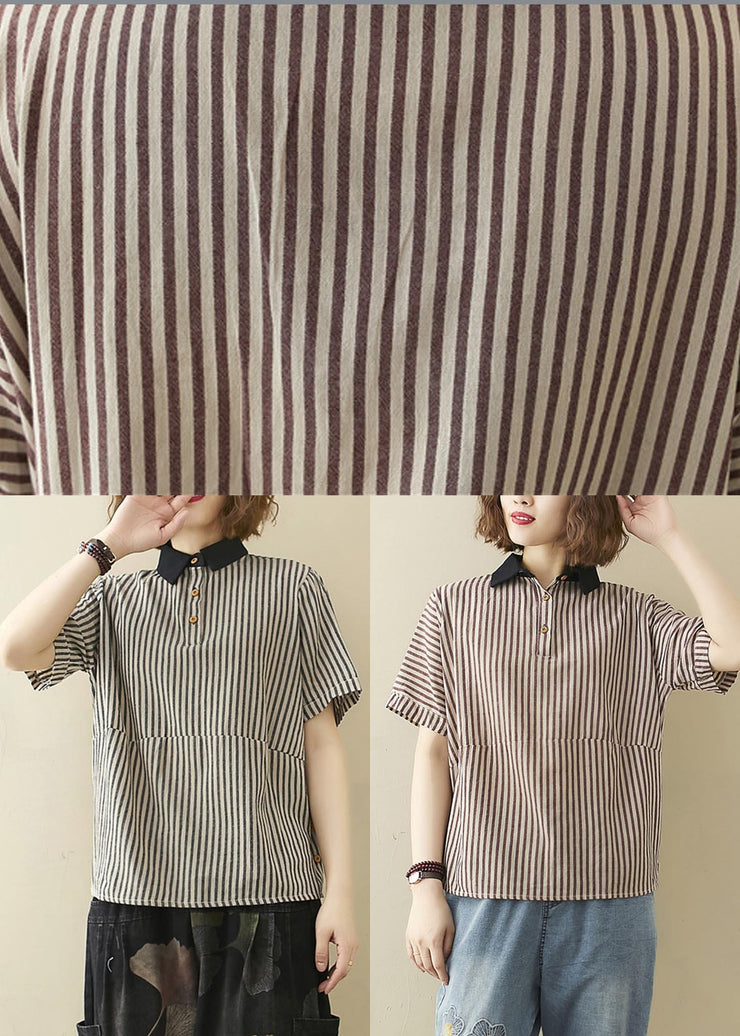 Art Khaki Striped Patchwork Linen Summer Top - SooLinen