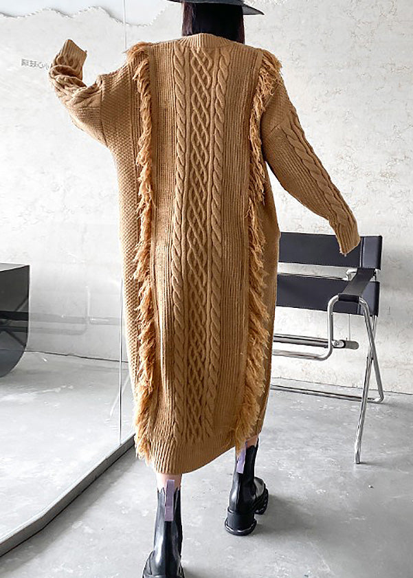 Art Khaki V Neck Cozy Thick Knit Long Sweaters Dress Winter