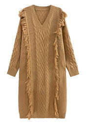 Art Khaki V Neck Cozy Thick Knit Long Sweaters Dress Winter