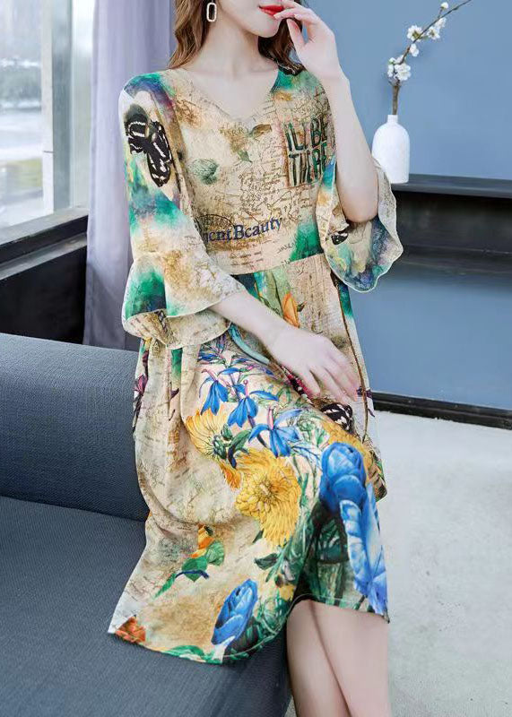 Art Khaki V Neck Print Wrinkled Patchwork Chiffon Dress Butterfly Sleeve